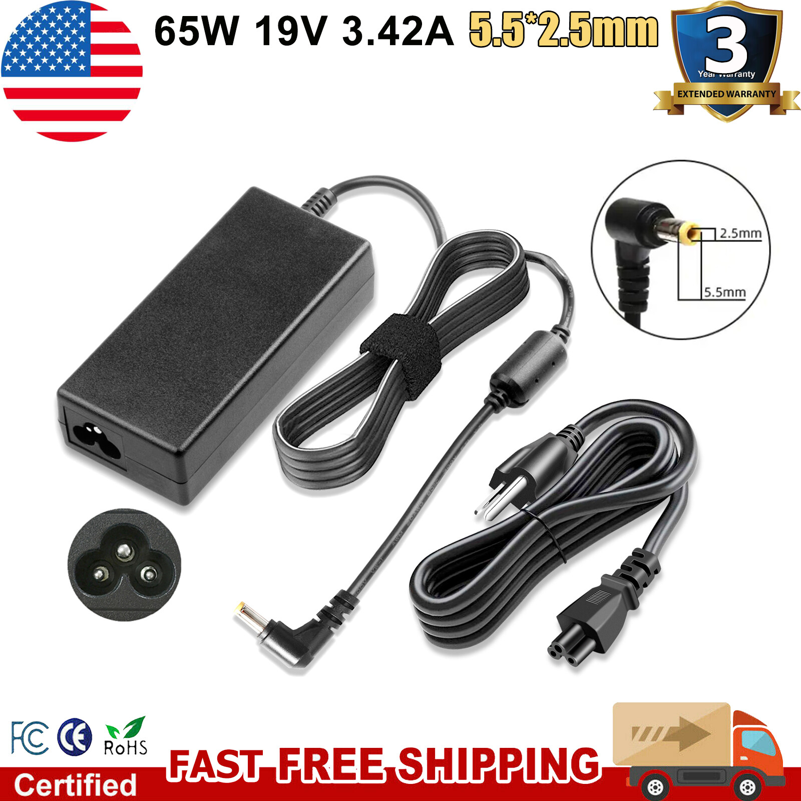AC Adapter For HP 27F 2XN62AA#ABA IPS LED Monitor 65W Power Supply Cord Charger