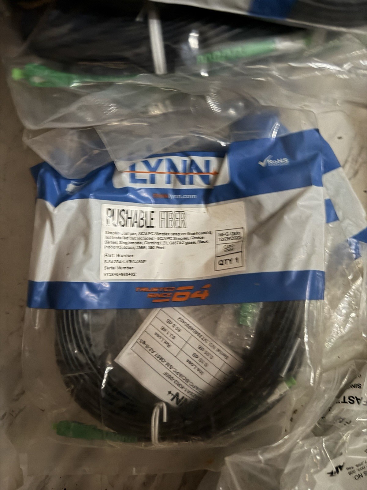 5pk LYNN Pushable Fiber Optical Network Cable SC/APC-SC/APC Simplex 50 ft Black