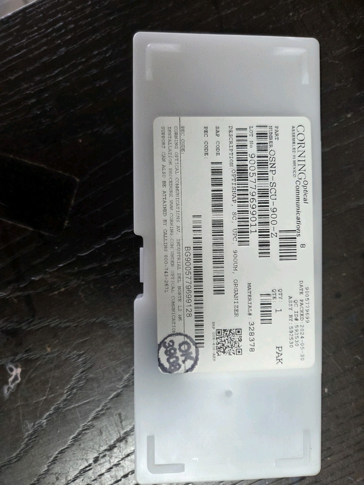 Corning OSNP-SCU-900-Z OptiSnap SC UPC Connector, SM 900um 1 Pack Of 25