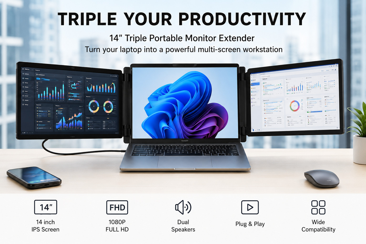 14" Triple Portable Monitor for Laptop FHD 1080P USB-C HDMI Foldable Extender