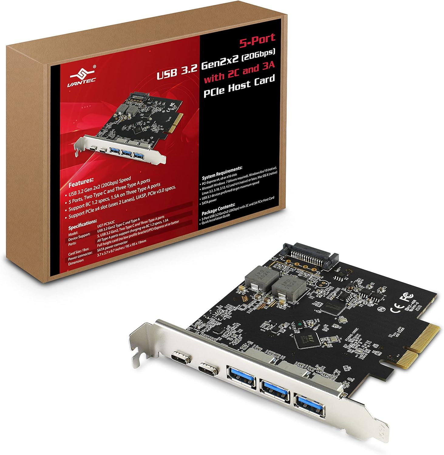 5-Port USB 3.2 Gen2X2 (Total 20Gbps) with 2C and 3A Pcie Host Card (UGT-PC3A2C),