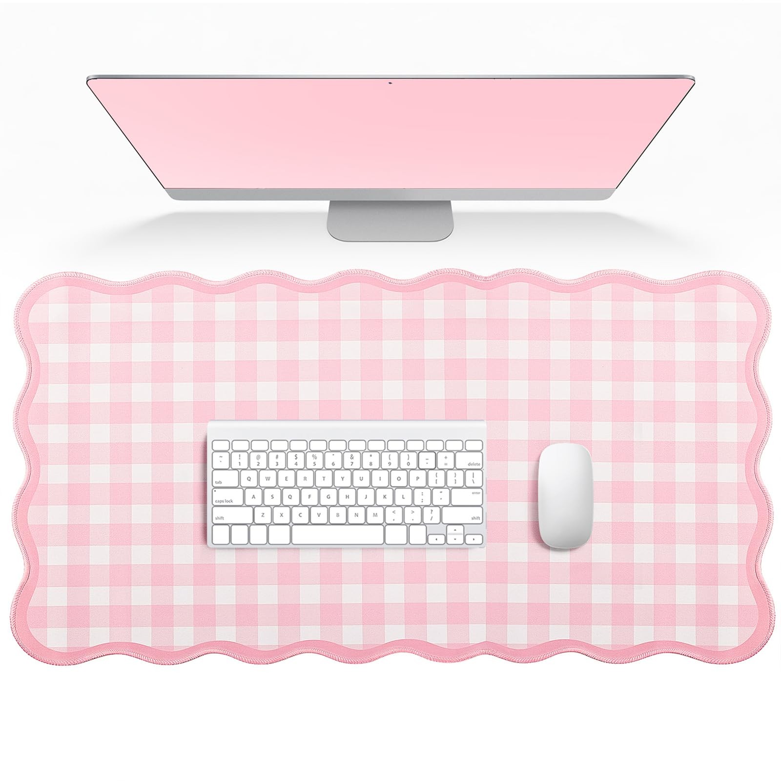Large Pink Scalloped Gingham Desk Mat Cute Keyboard Mouse Pad Office Desktop