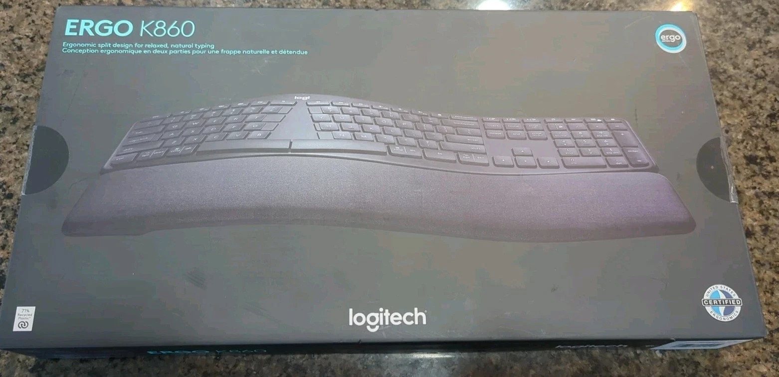 NIB Logitech ERGO K860 Wireless Keyboard - Black Bluetooth & Dongle Ergonomic