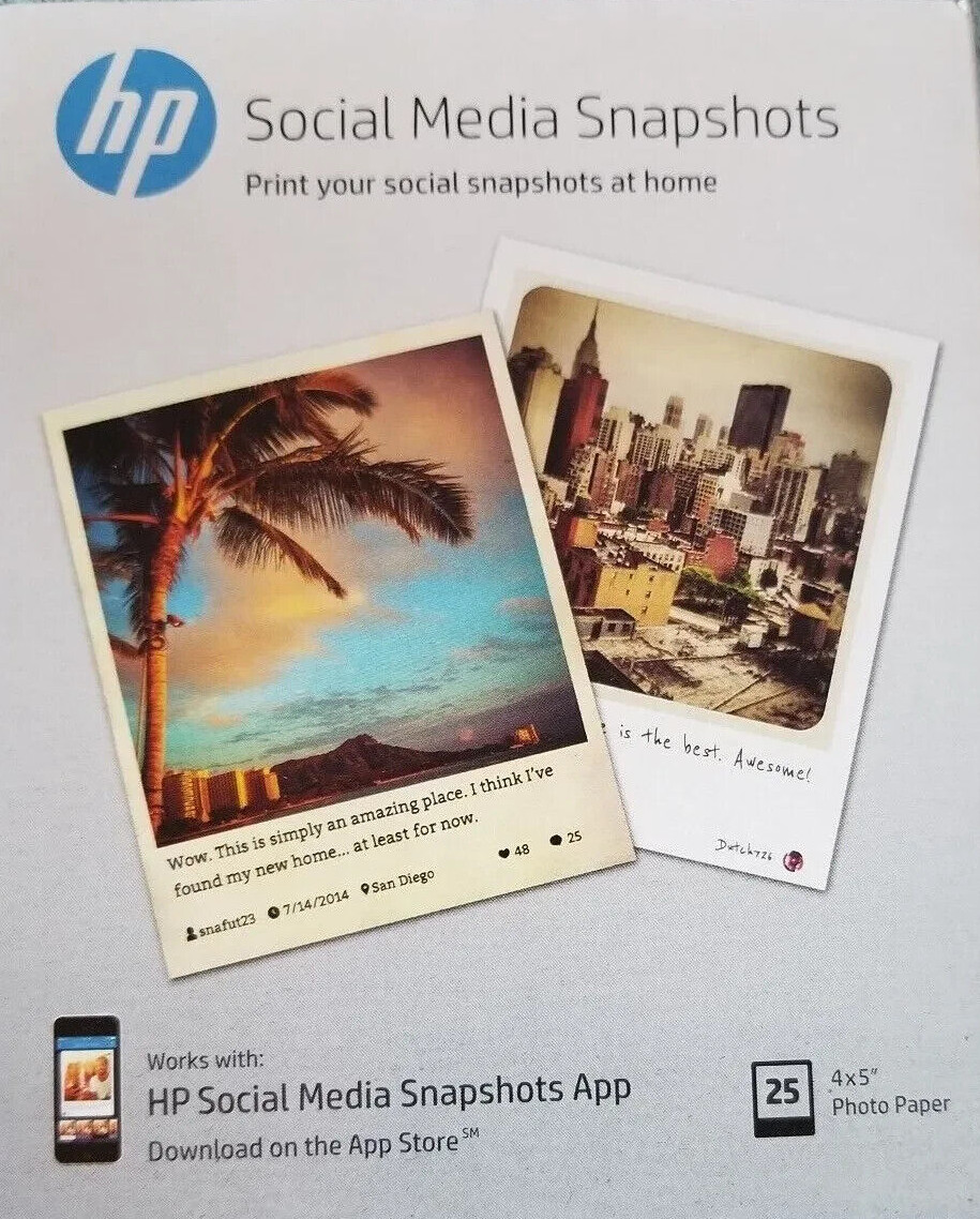 HP Social Media Snapshots 4" x 5" Photo Paper Sheets 25 Count. NEW Sealed