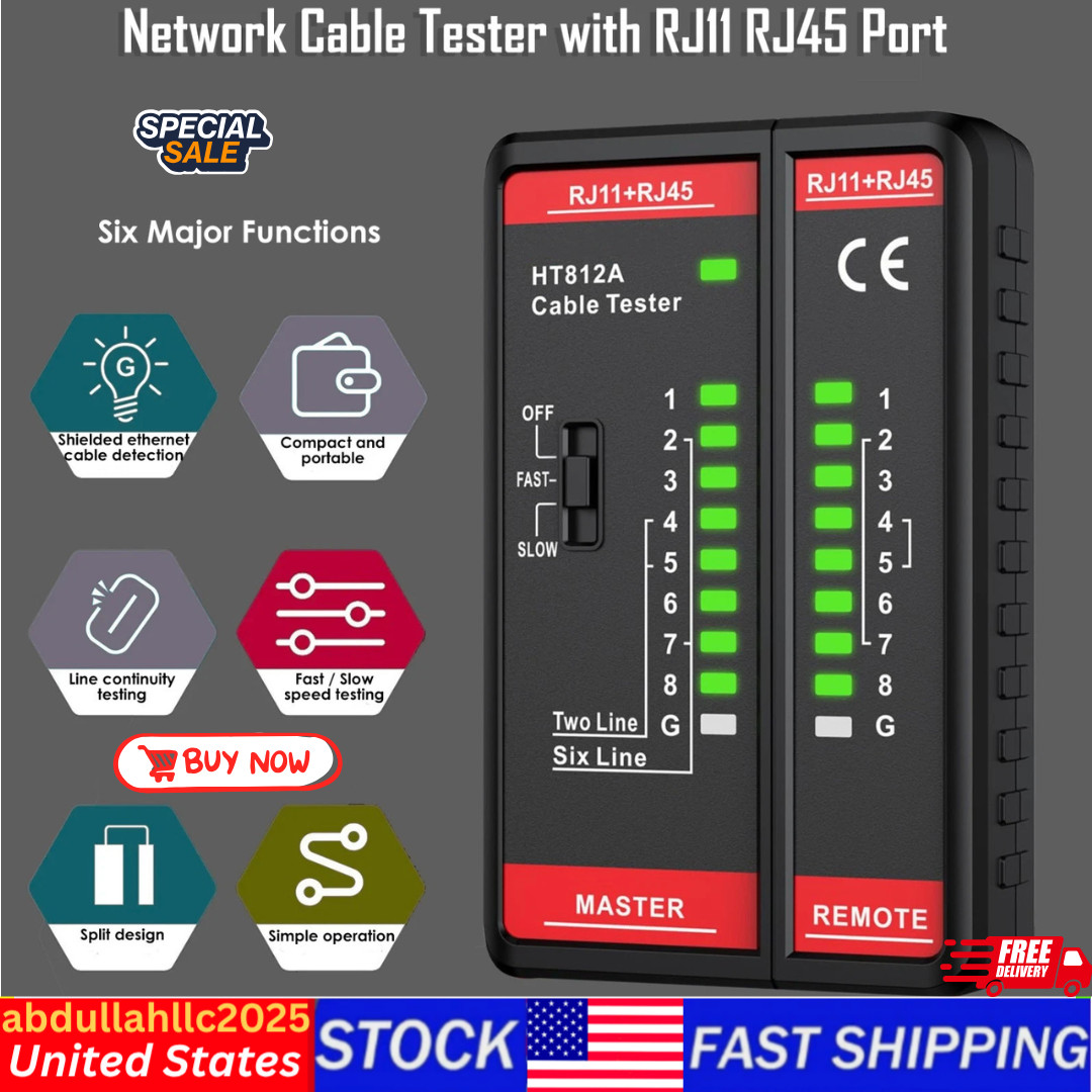 Network Cable Tester with RJ45 RJ11 Port, Ethernet Cable Tester Fast/Slow, POE