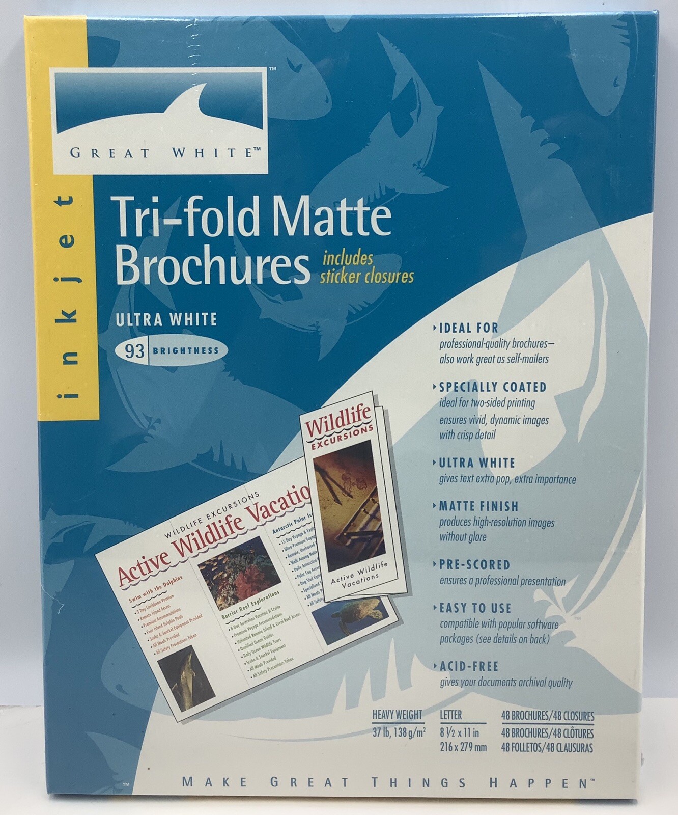 GREAT WHITE TRI-FOLD Matte BROCHURES, SET OF 48 with closures, (SEALED)