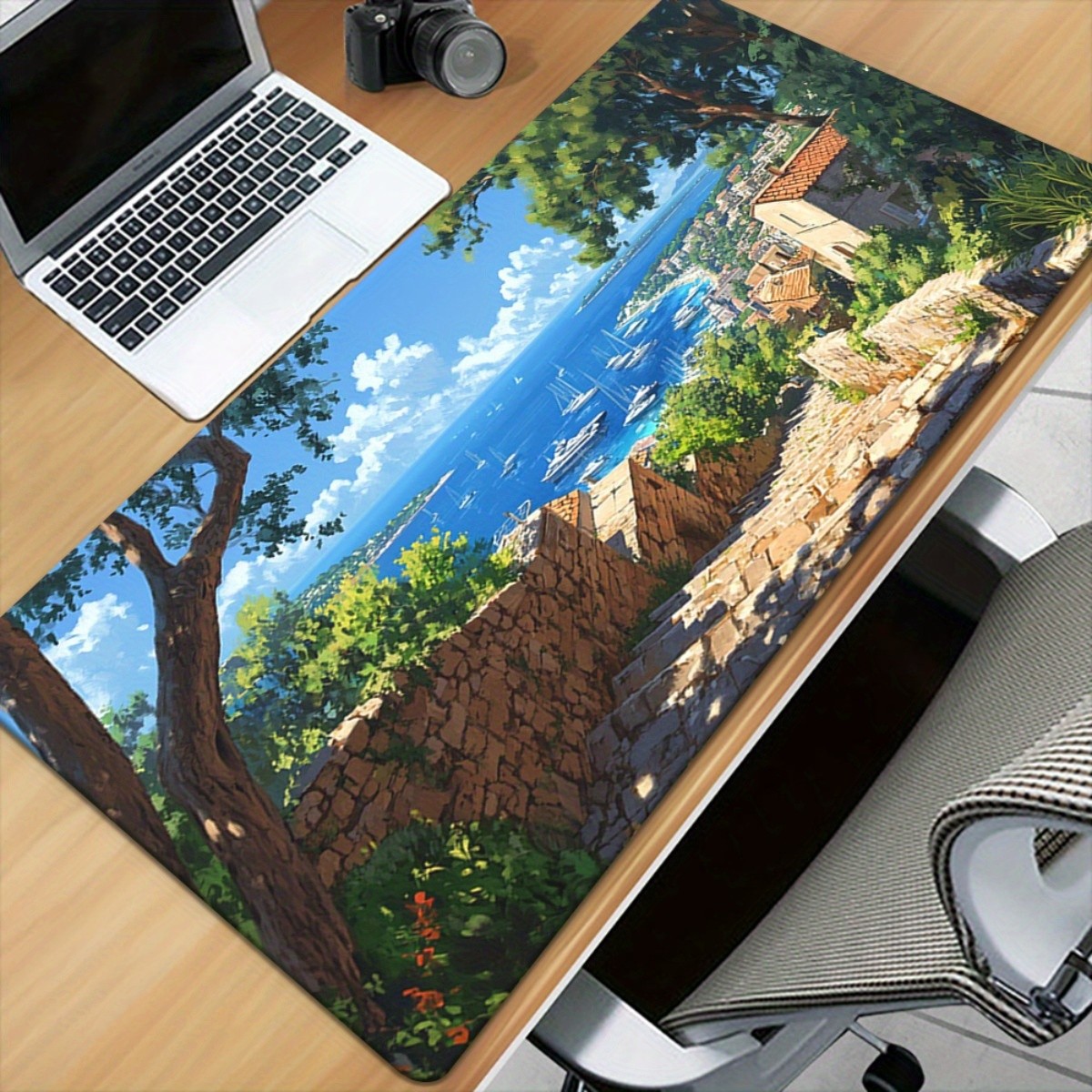 1pc XXL Mouse Pad, Featuring Seaside Village And Blue Ocean Design - Large Non