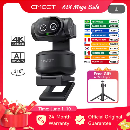 EMEET PIXY 4K PTZ Webcam Dual Camera AI Tracking Sony Sensor Streaming