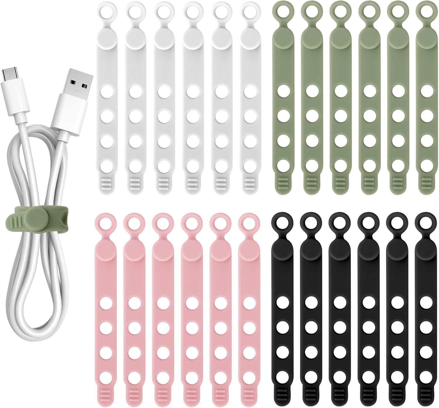 24Pcs Silicone Cable Ties Cord Organizer Cable Management - 4 Colors