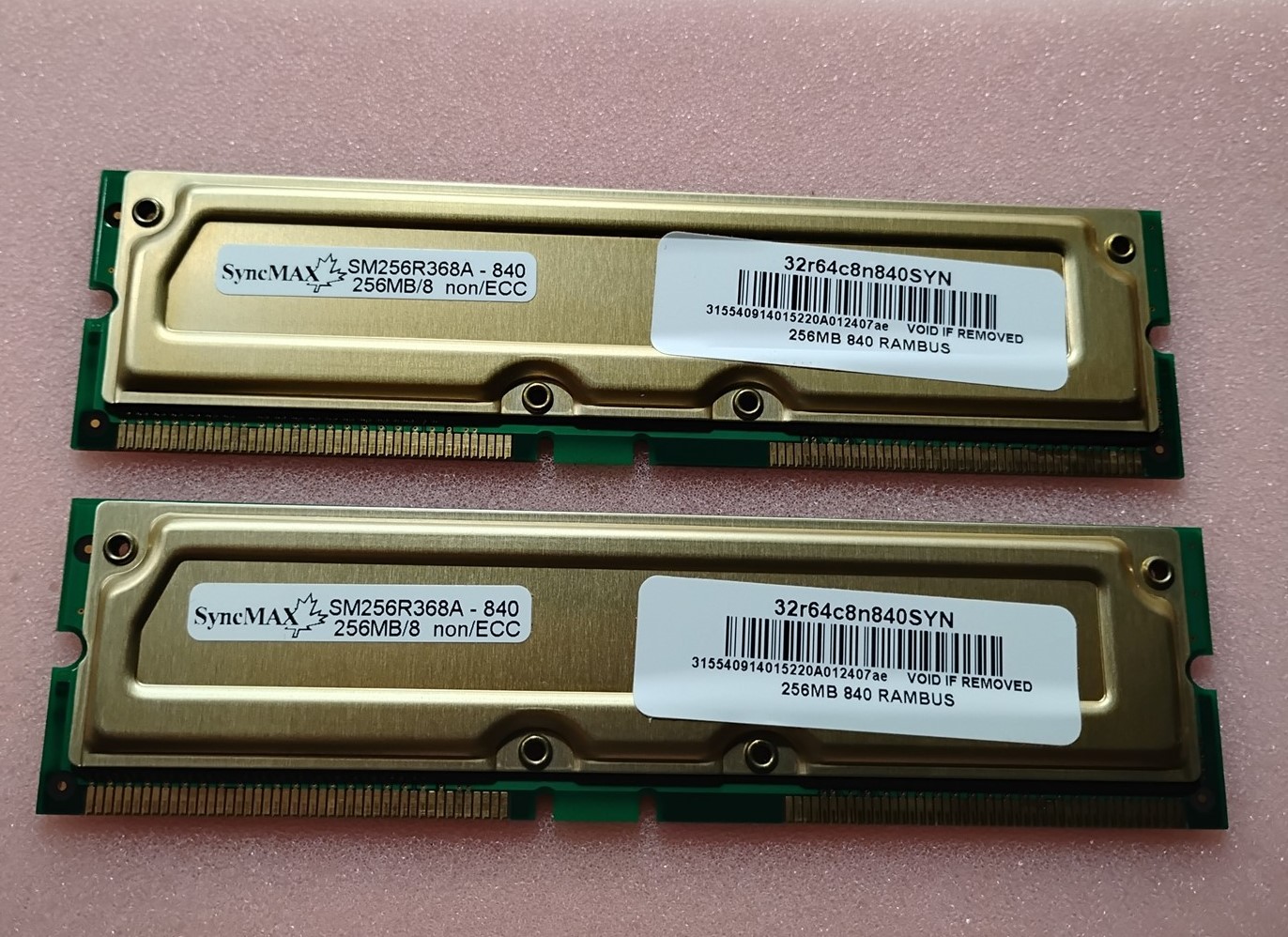512MB 2x256MB PC800-40 SyncMAX SM256R368A-840 RDRAM NON-ECC RIMM MEMORY Kit 40ns