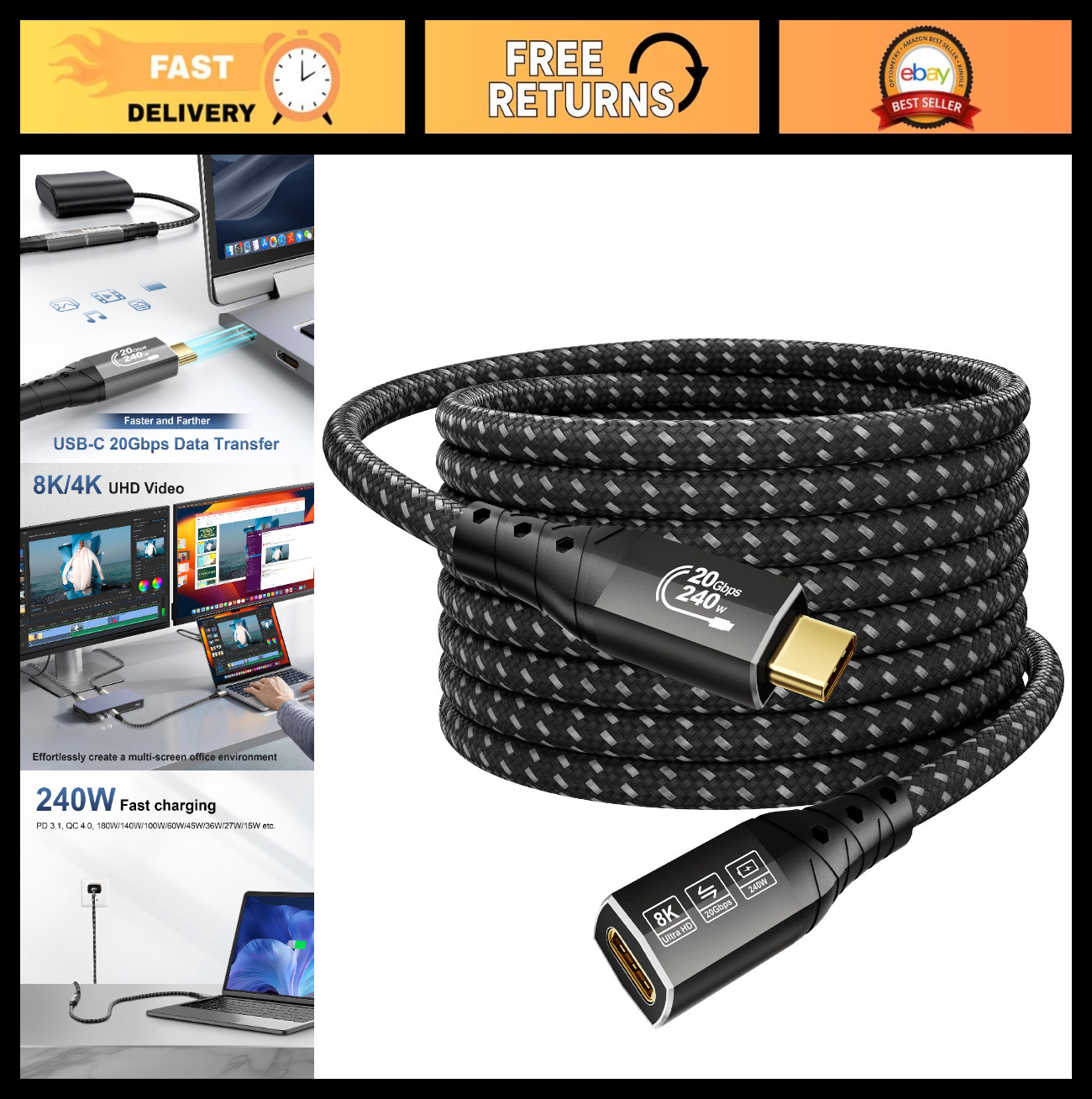 16FT USB C Extension Cable, 20Gbps Data Transfer, 240W Power Delivery, 8K Video,