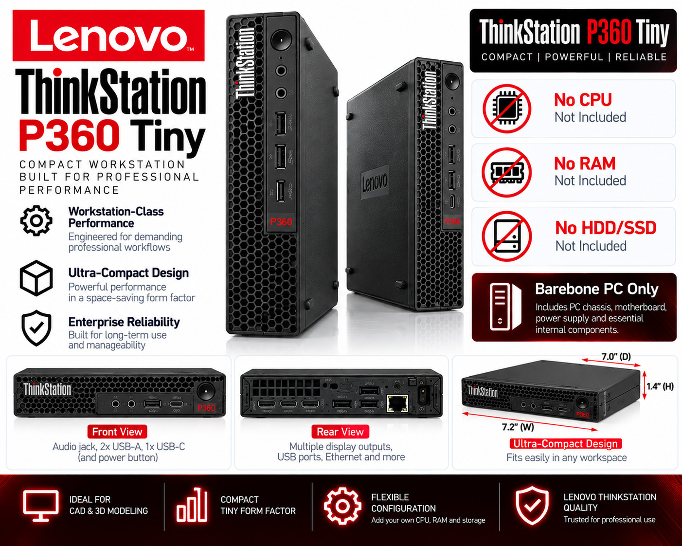 NEW Lenovo ThinkStation P360 Tiny PC -  No CPU/RAM/HDD/GPU - Barebone PC only