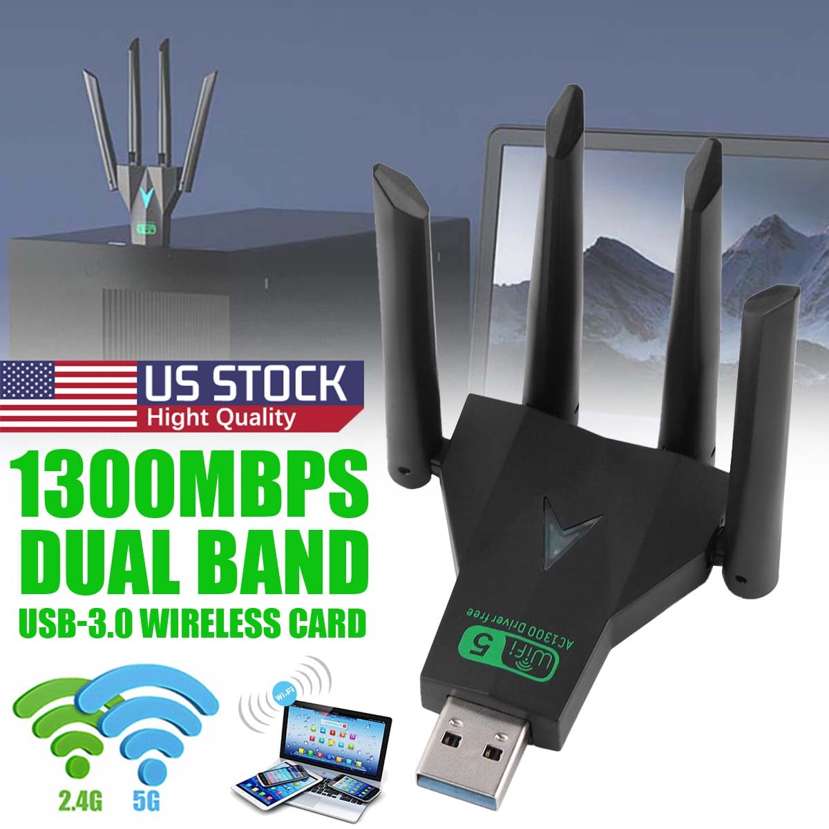 Dual Band USB WiFi Adapter AC1300 5GHz 867Mbps 4x Antennas USB 3.0 Windows 10/11