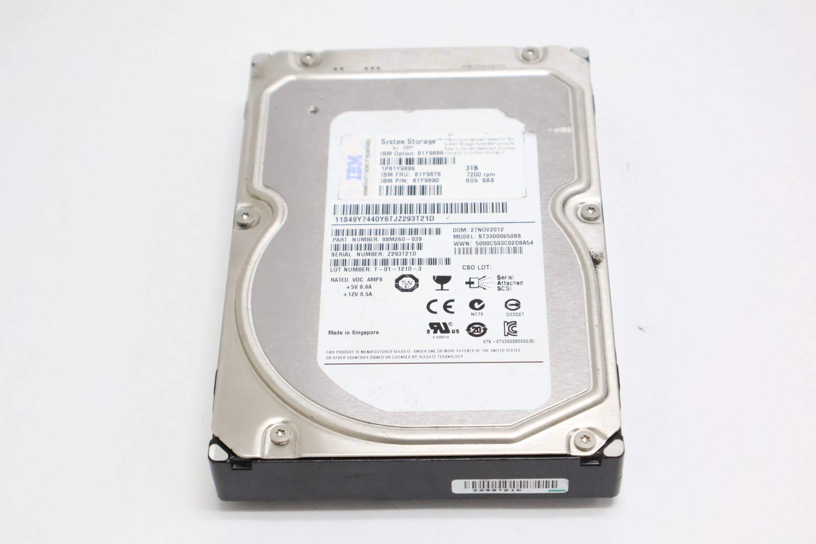 IBM System Storage 3TB 7200 RPM 6Gb SAS Enterprise Hard Drive ST33000650SS
