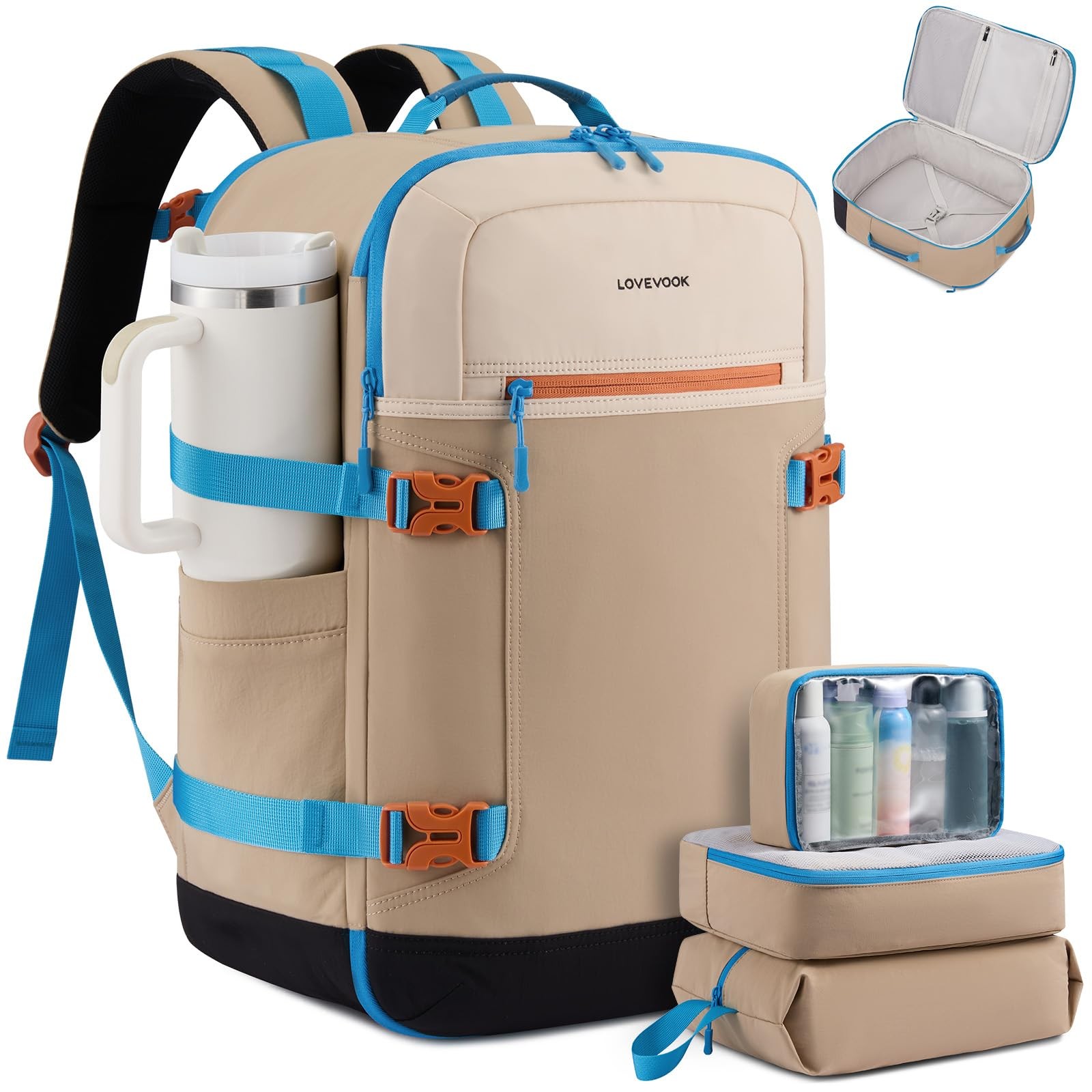 LOVEVOOK 40L Travel Backpack for Large-40L-4Pcs, Light Khaki - - Black