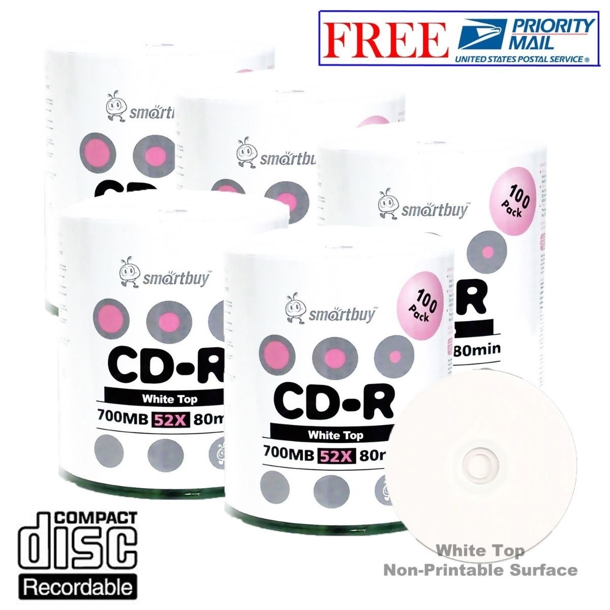 500 Pack Smartbuy 52X CD-R 700MB 80Min White Top Blank Media Disc Priority Mail