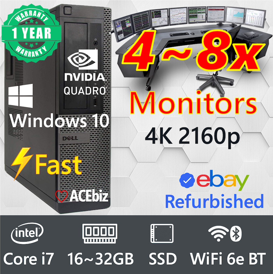 Dell i7 SSD 4~8x Monitor Windows 10 Trading Computer up to 32GB RAM/1TB SSD/WiFi