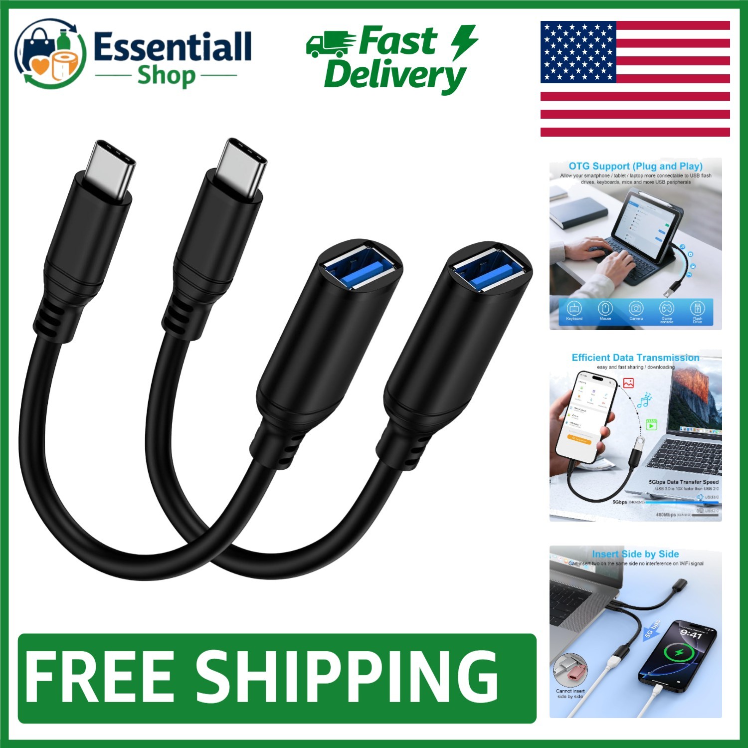 Versatile USB C Male to USB A Female OTG Adapter - 21cm, 5Gbps Transfer Speed