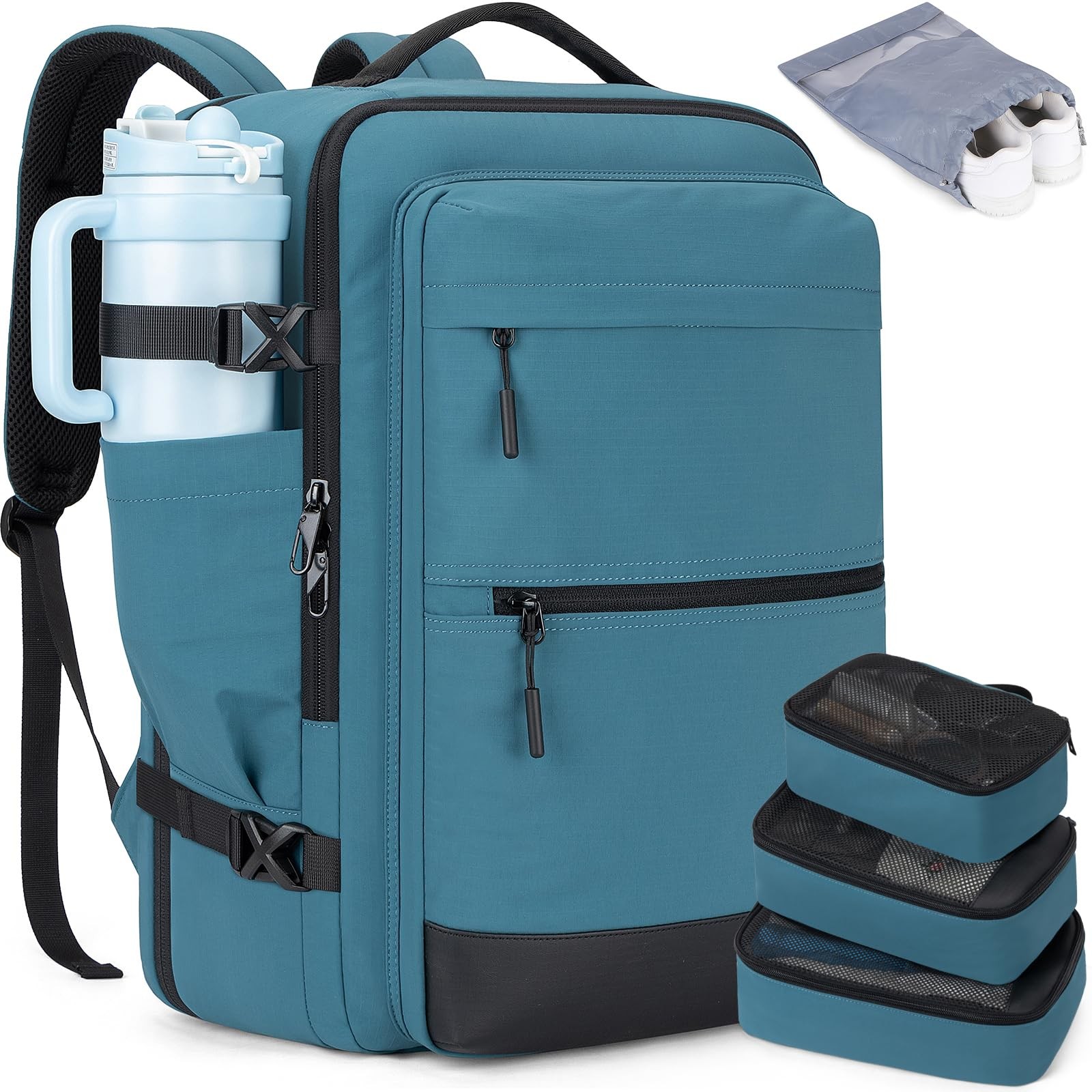 Tzowla 40L Carry-On Travel Backpack with Large Water Bottle 17.3inch, Blue