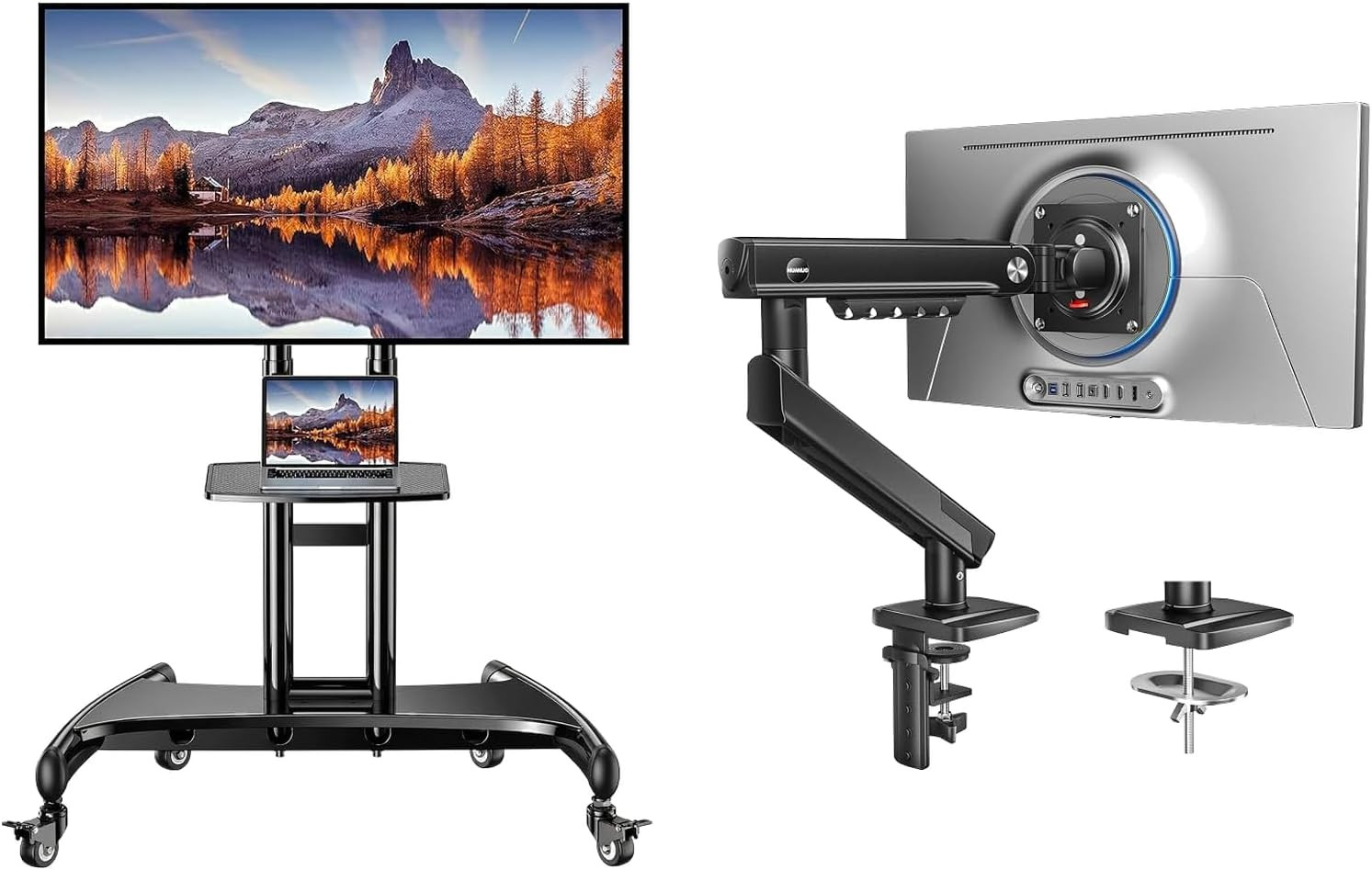 Perlegear Rolling TV Stand +  Flowlift™ Pro Monitor Arm