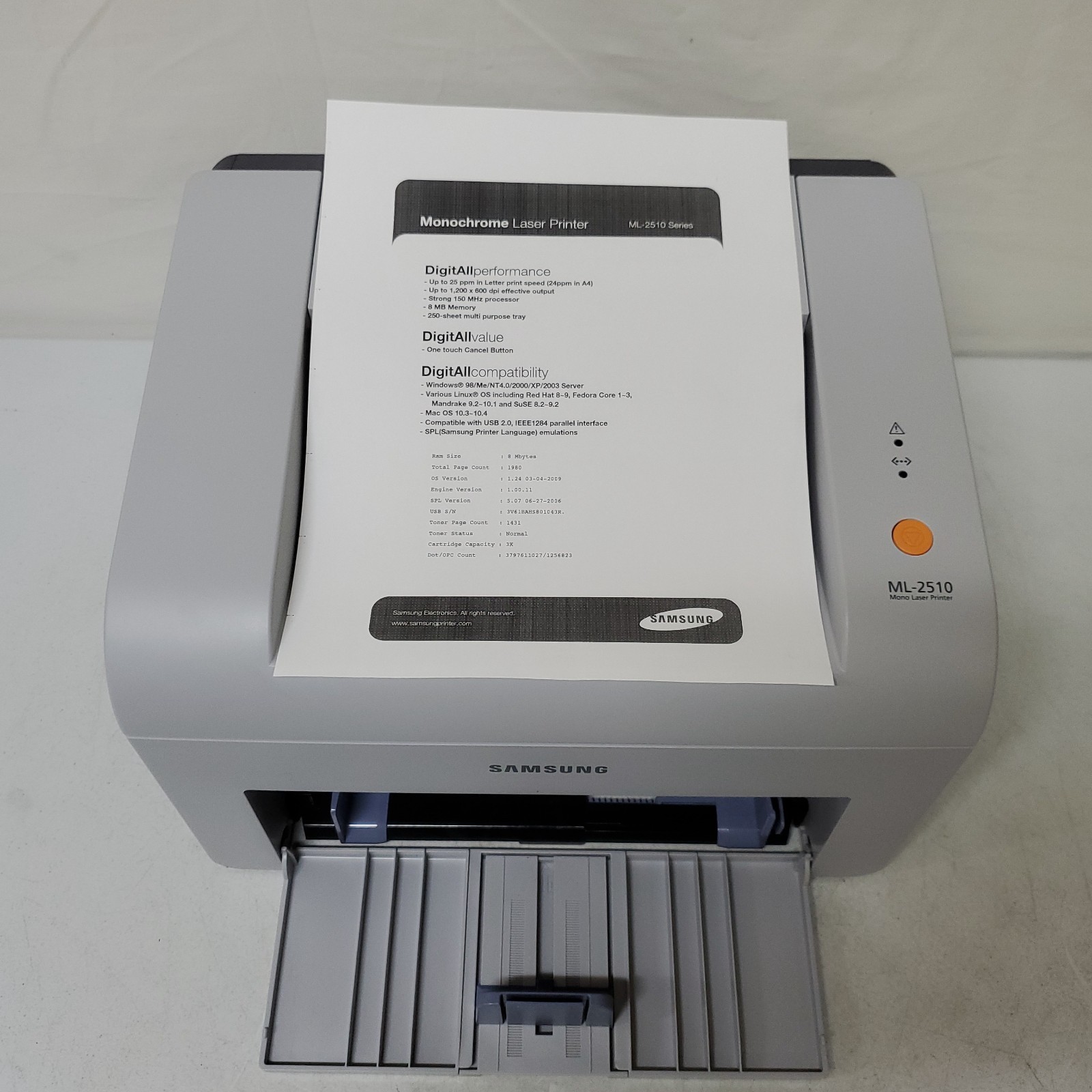 Samsung ML-2510 Black White Laser Printer NO TONER 2K Page Count Compact USB