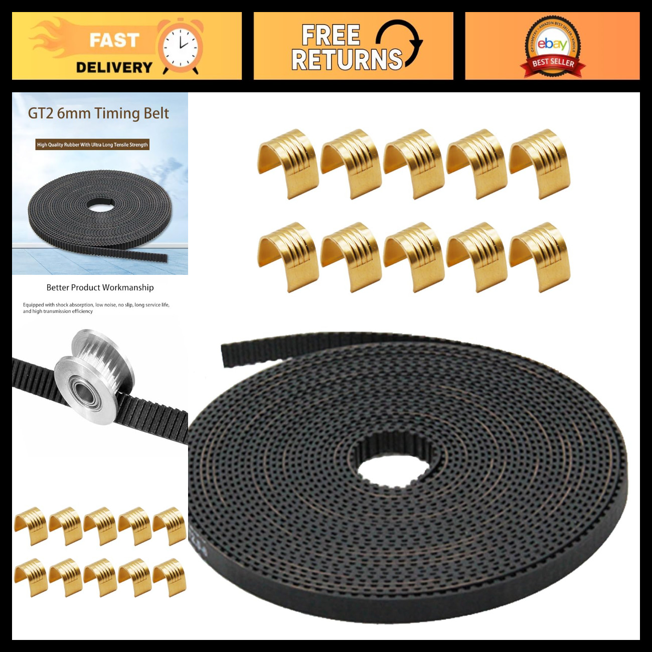 5M GT2 Timing Belt for 3D Printer + 10 Copper Buckles - 6mm Wide, Durable Parts