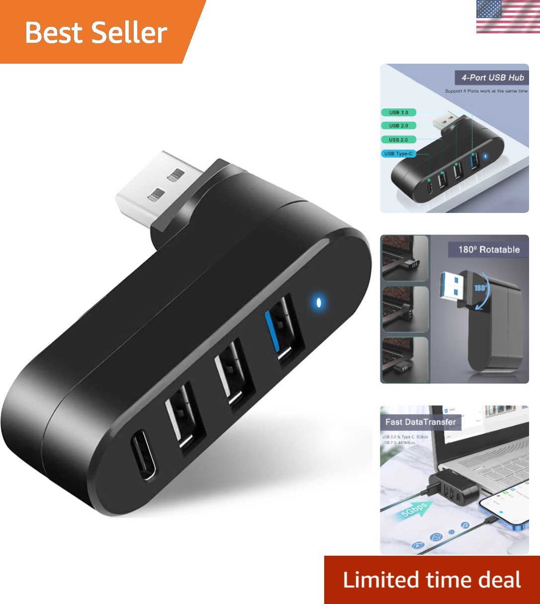 Versatile 4-Port USB 3.0 Hub with USB-C Port - Perfect for Laptops and Car