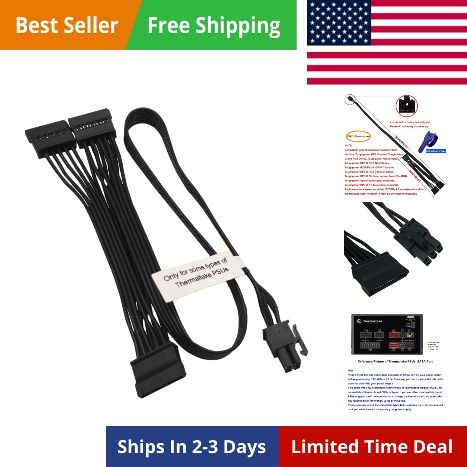 SATA Power Cable for Thermaltake PSUs, 6 Pin to 3X 15 Pin SATA Hard Drive Ada...