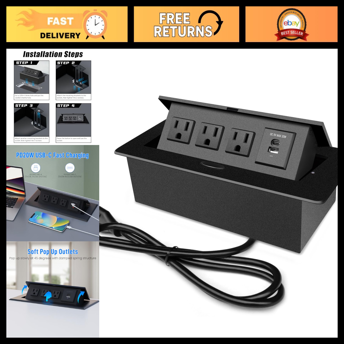 USB-C Power Hub for Conference Table, 20W Fast Charging, Black, Multi-Device Cha