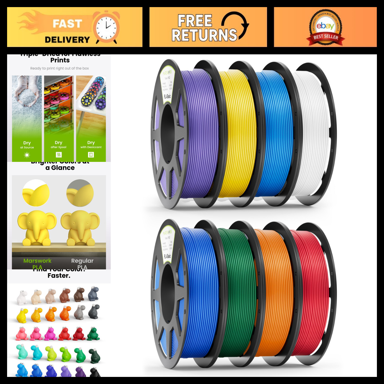 8x250g Pre-Dried PLA Filament Bundle for 3D Printing - High Quality, Easy to Use