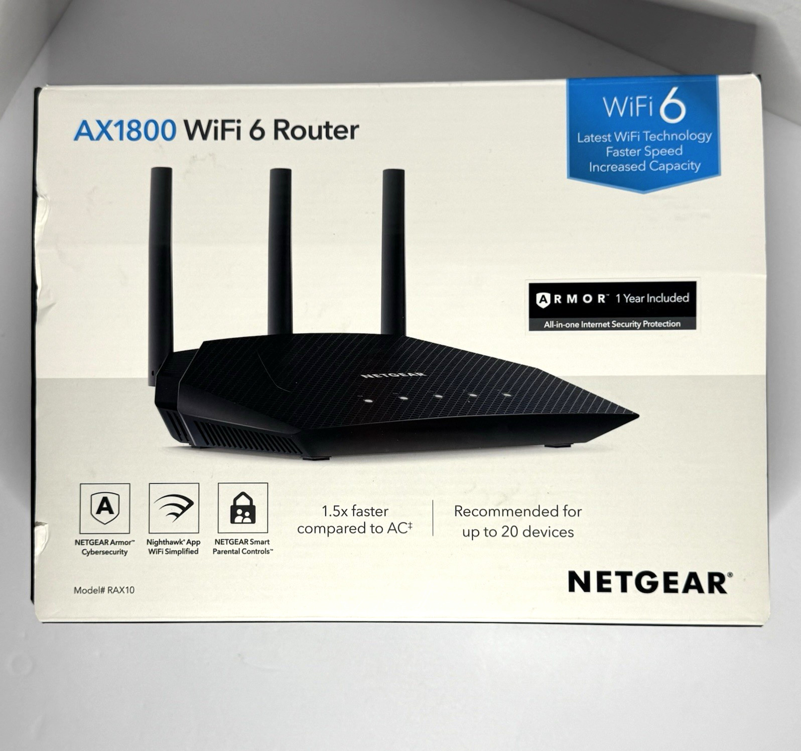 NETGEAR AX1800 WiFi 6 Dual-Band Router RAX10-100NAS, 4-Port Gigabit