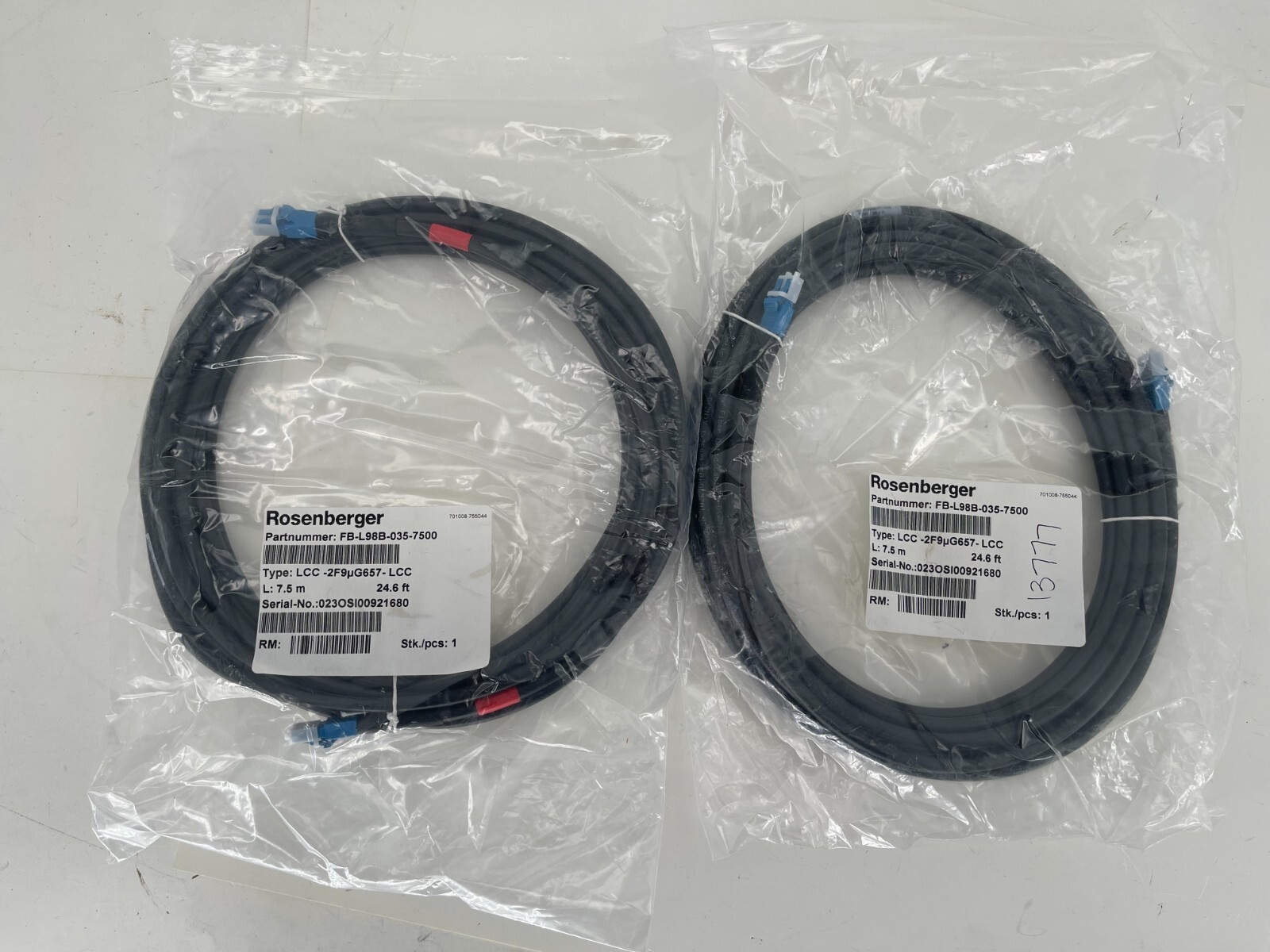Lot of 2 Rosenberger FB-L98B-035-7500, Fiber Jumper Cable 7.5m 24.6' FT