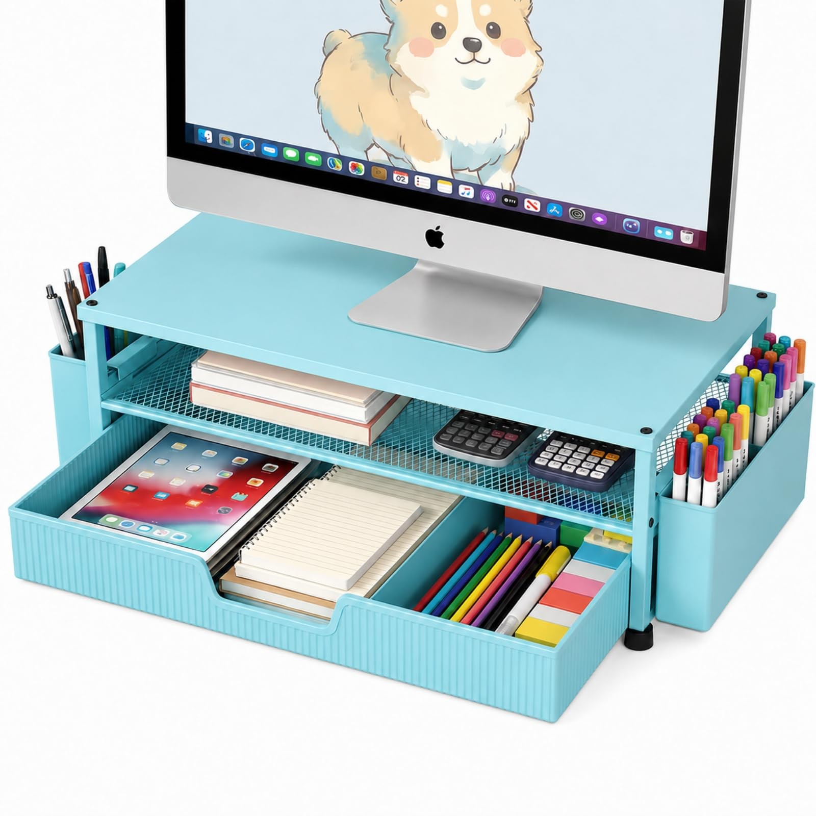 ECOLOVI Desk Organizer and Accessories, 2-Tier Computer Monitor Stand Blue
