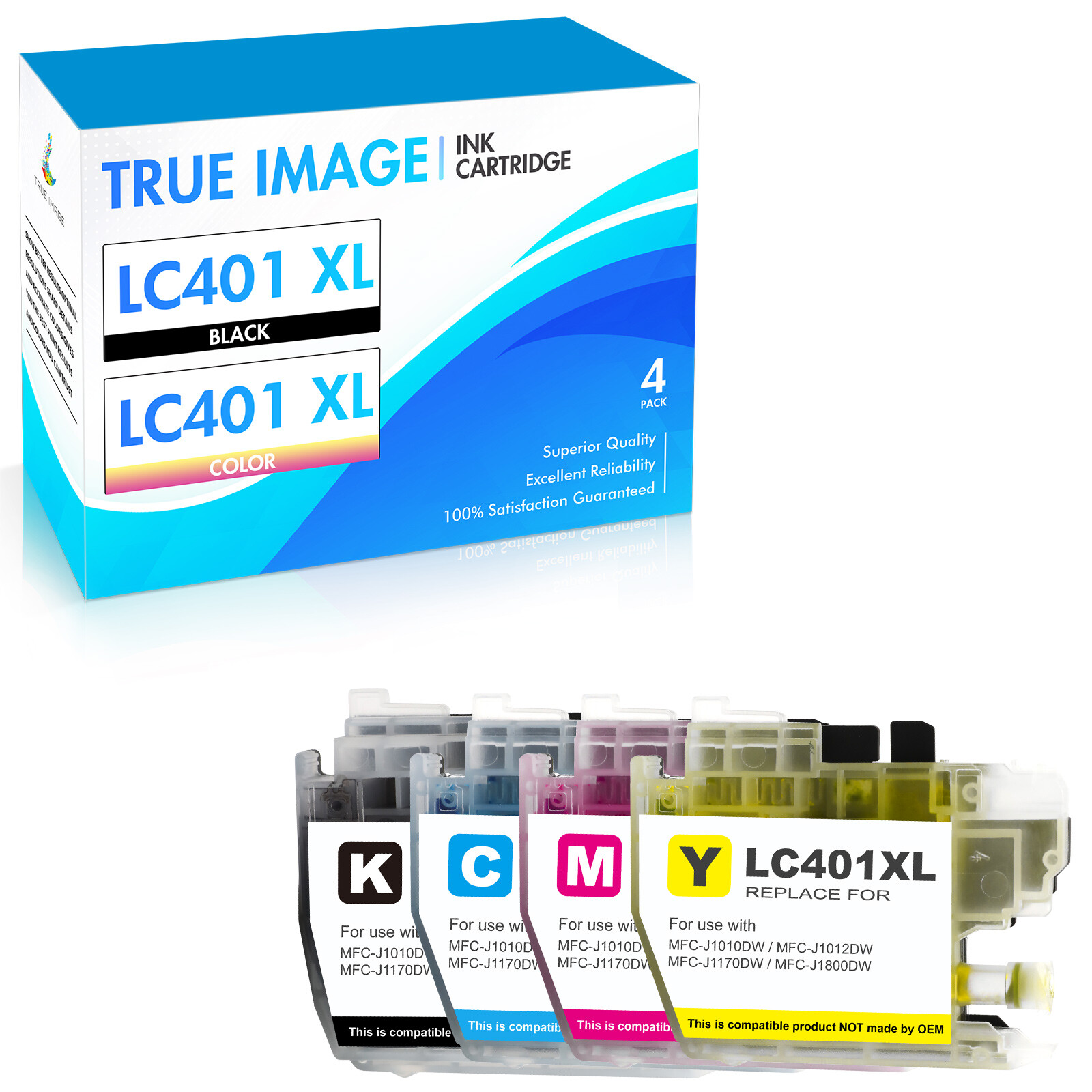 4PCS LC401 XL BCMY Ink Cartridges compatible for Brother MFC-J1010DW MFC-J1012DW