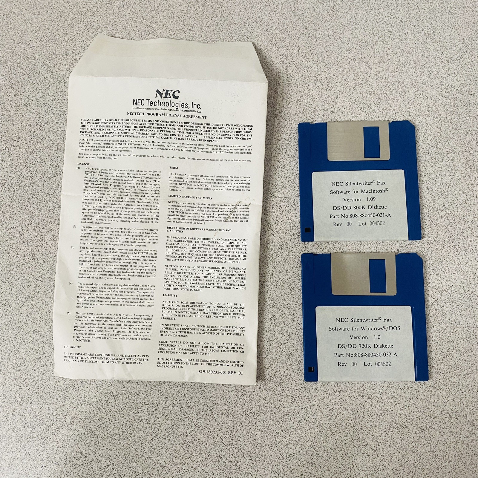 NEC Silentwriter Fax Software Macintosh Version 1.09 1992 Vtg DS/DD 800K Diskett