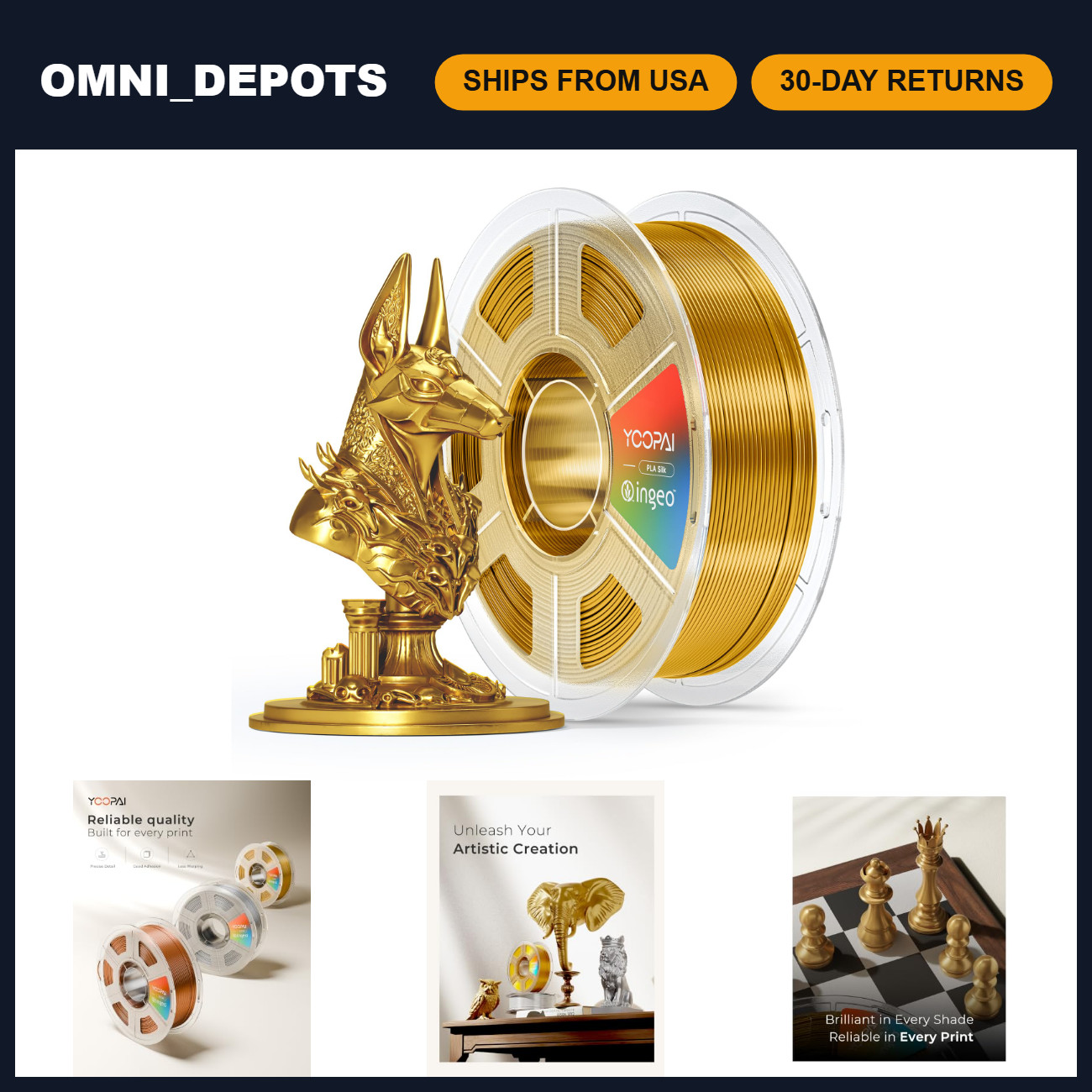 1.75mm Dark Gold Silk PLA Filament - Chrome-Like Mirror Shine, 1kg Spool for 3D