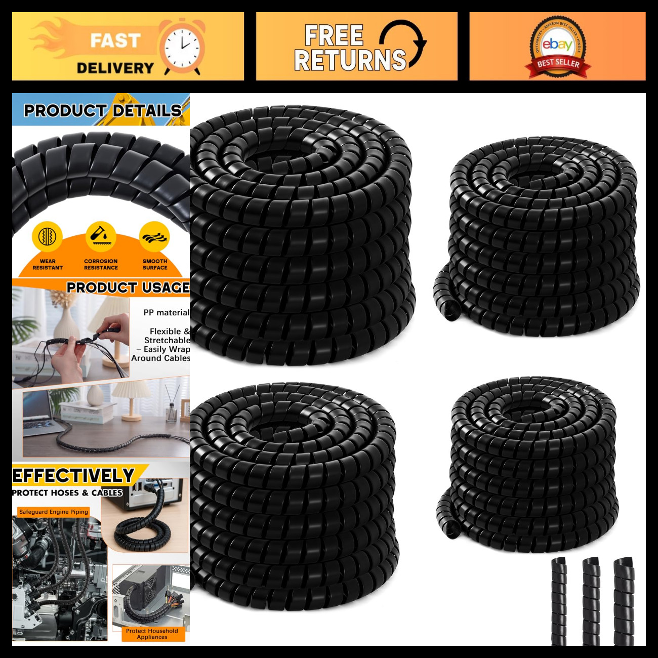 4 Pcs Spiral Cable Protector Wrap, 1/4"-3/4" OD x 25ft Hydraulic Hose Sleeve, Du
