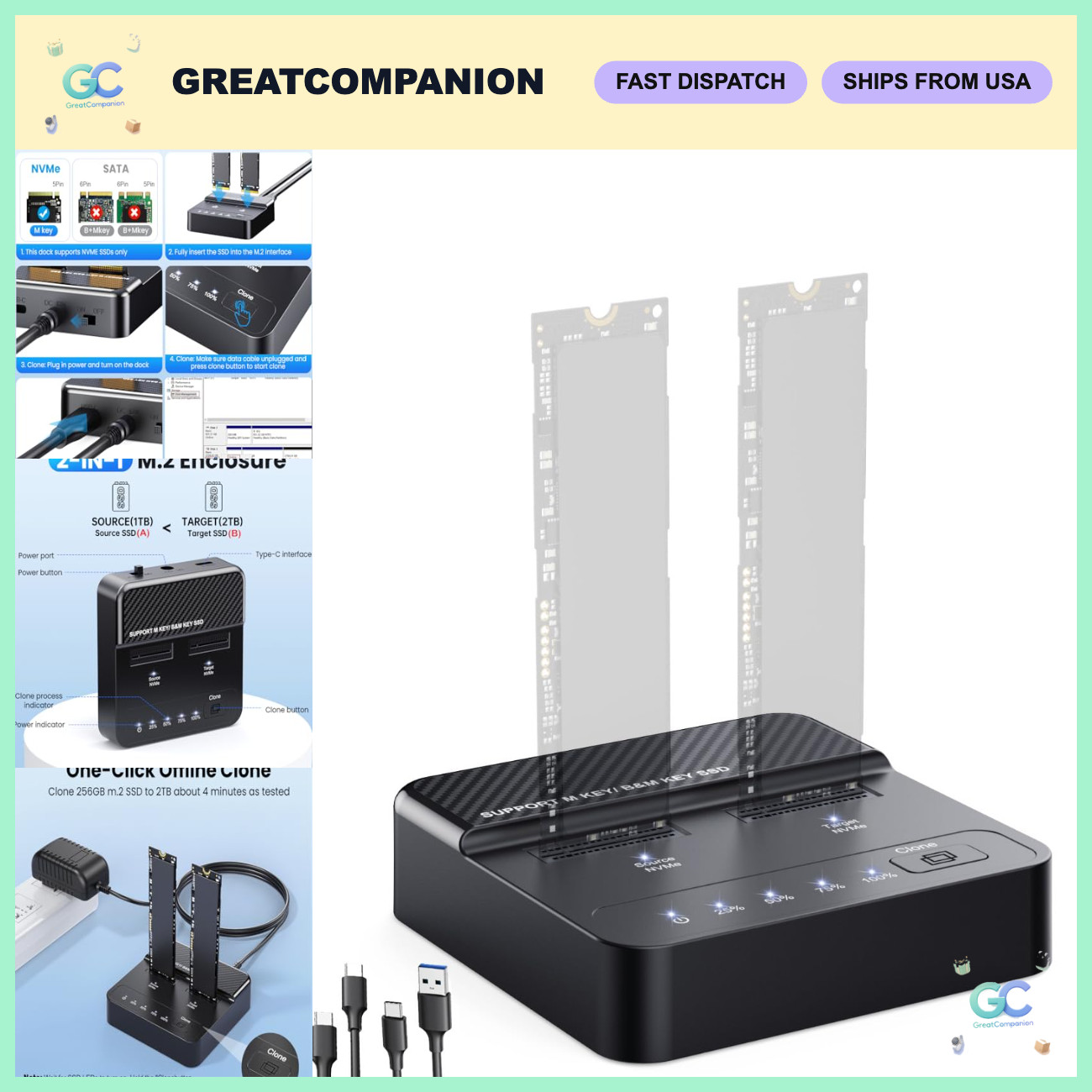 Dual Bay NVMe SSD Cloner Duplicator - 20Gbps USB 3.2 M.2 Dock, Tool-Free Clone A