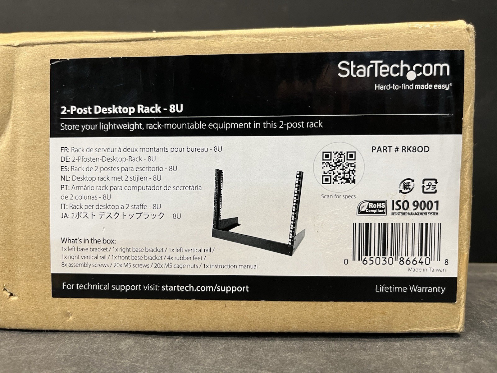 StarTech RK8OD 8U Desktop Rack 2-Post Open Frame 19in New In Box