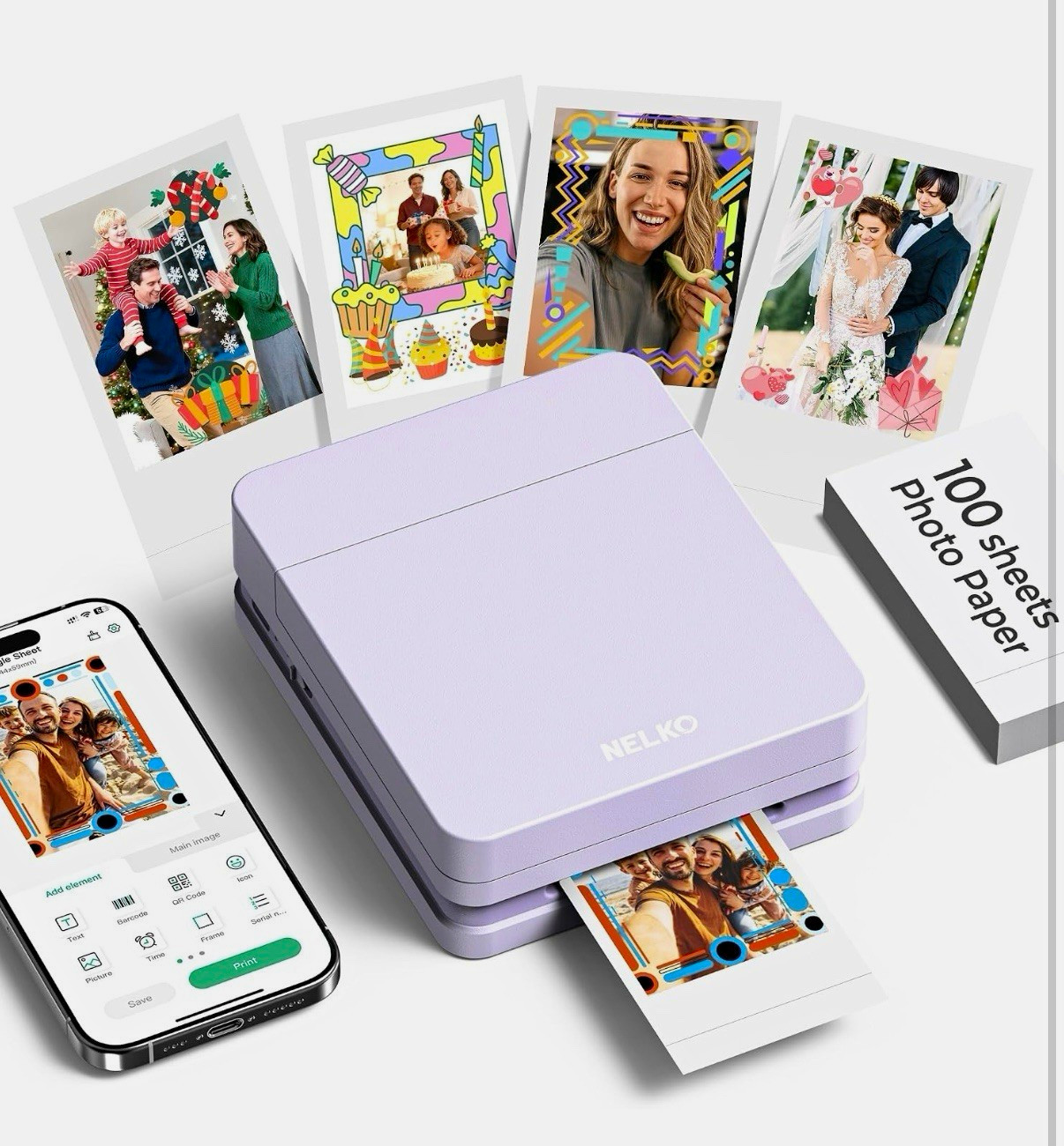 Nelko PP01 Photo Printer, 2x3 Portable Mini Printer with 100 Sheets, Purple