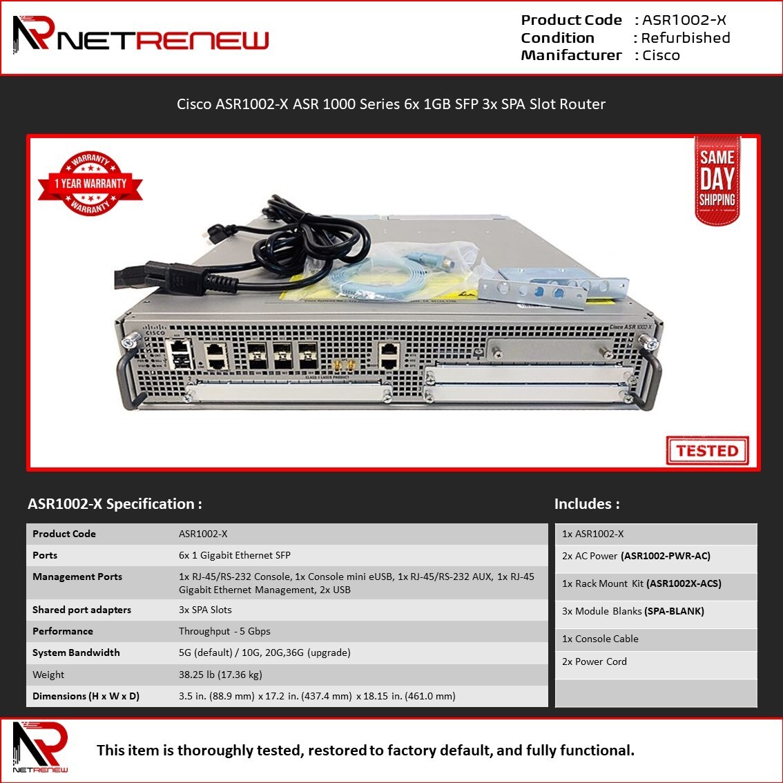 Cisco ASR1002-X ASR 1000 Series 6x 1GB SFP 3x SPA Slot Router -With Dual Power
