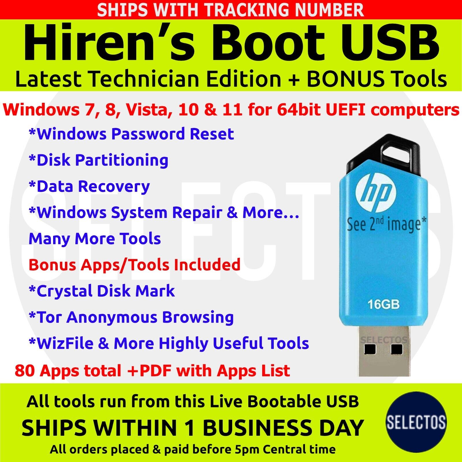 Hiren's 2024 Boot USB PC Utilities Disk Recover Win-Password Reset 80 apps