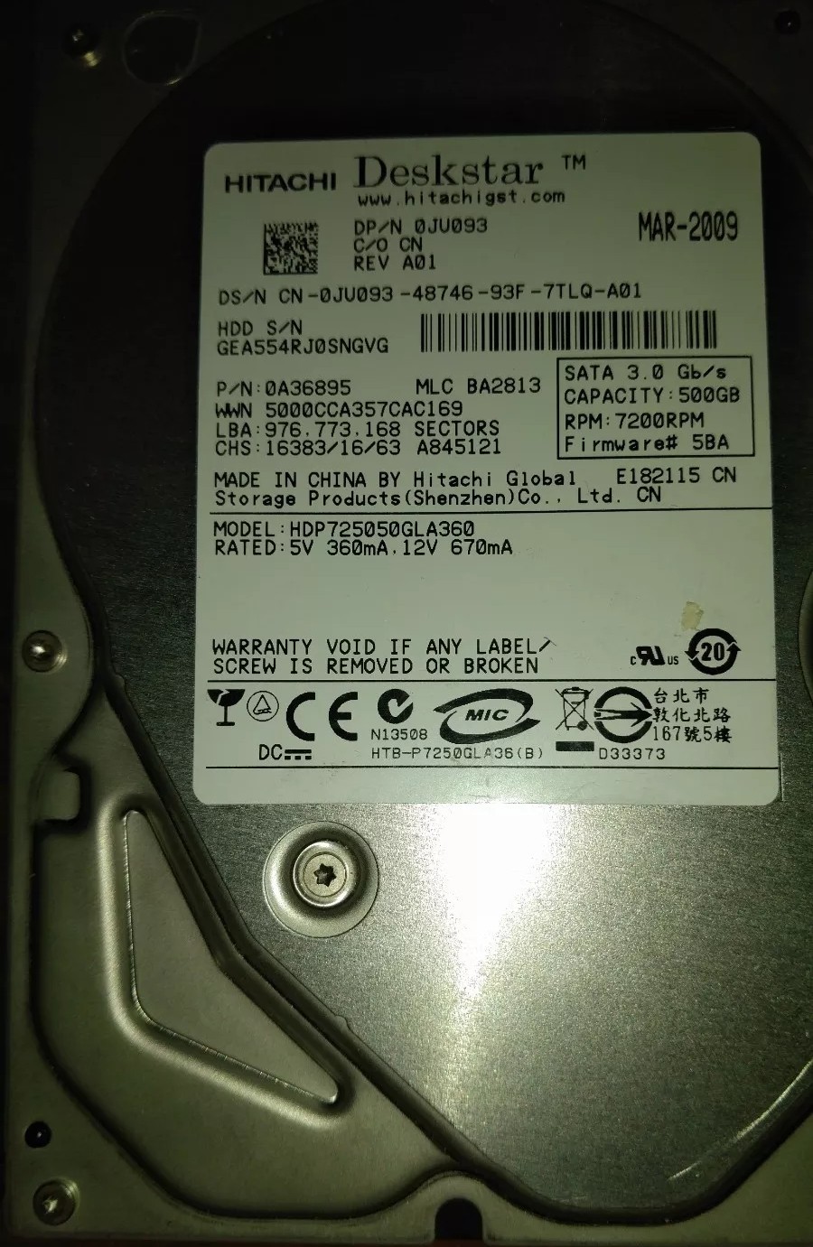HITACHI 500GB HARD DRIVE SATA P/N 0A36895 0JU093 CLEANED, TESTED, FORMAT NTFS