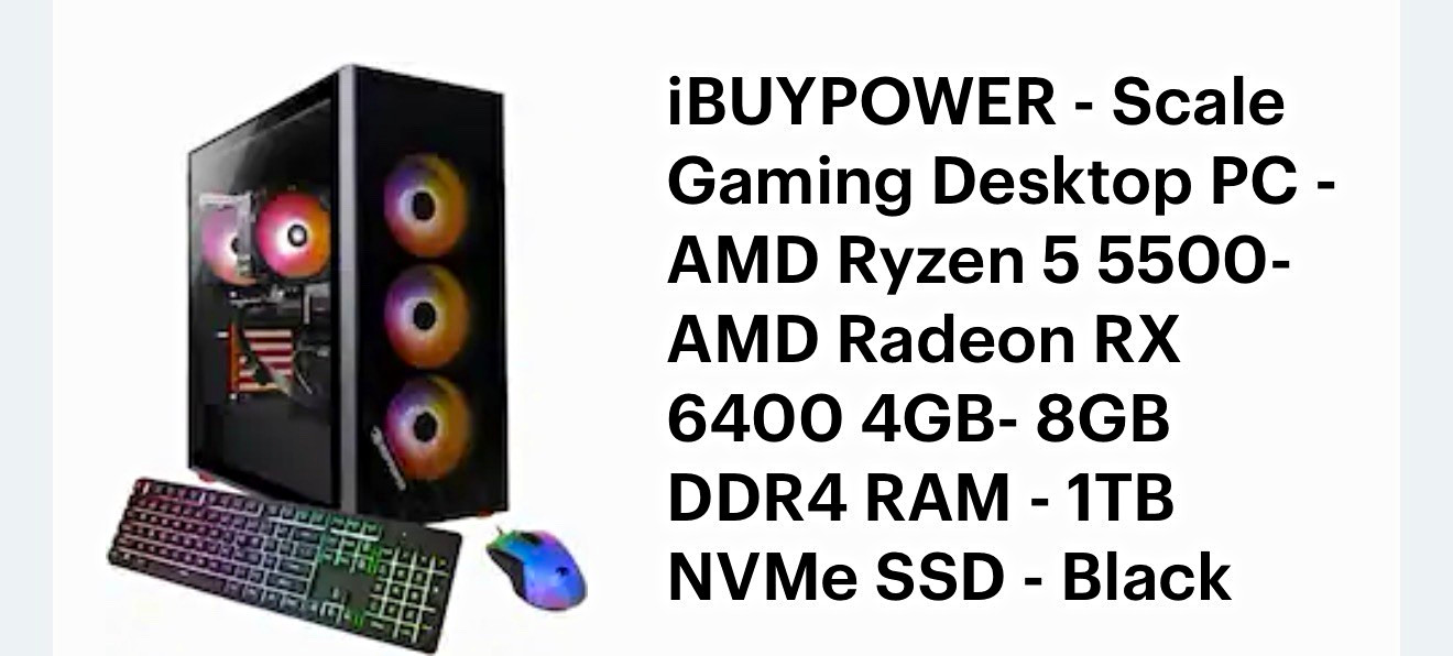 iBUYPOWER Scale Gaming Desktop Ryzen 5 5500 RX 6400 8GB 1TB NVMe RGB Black
