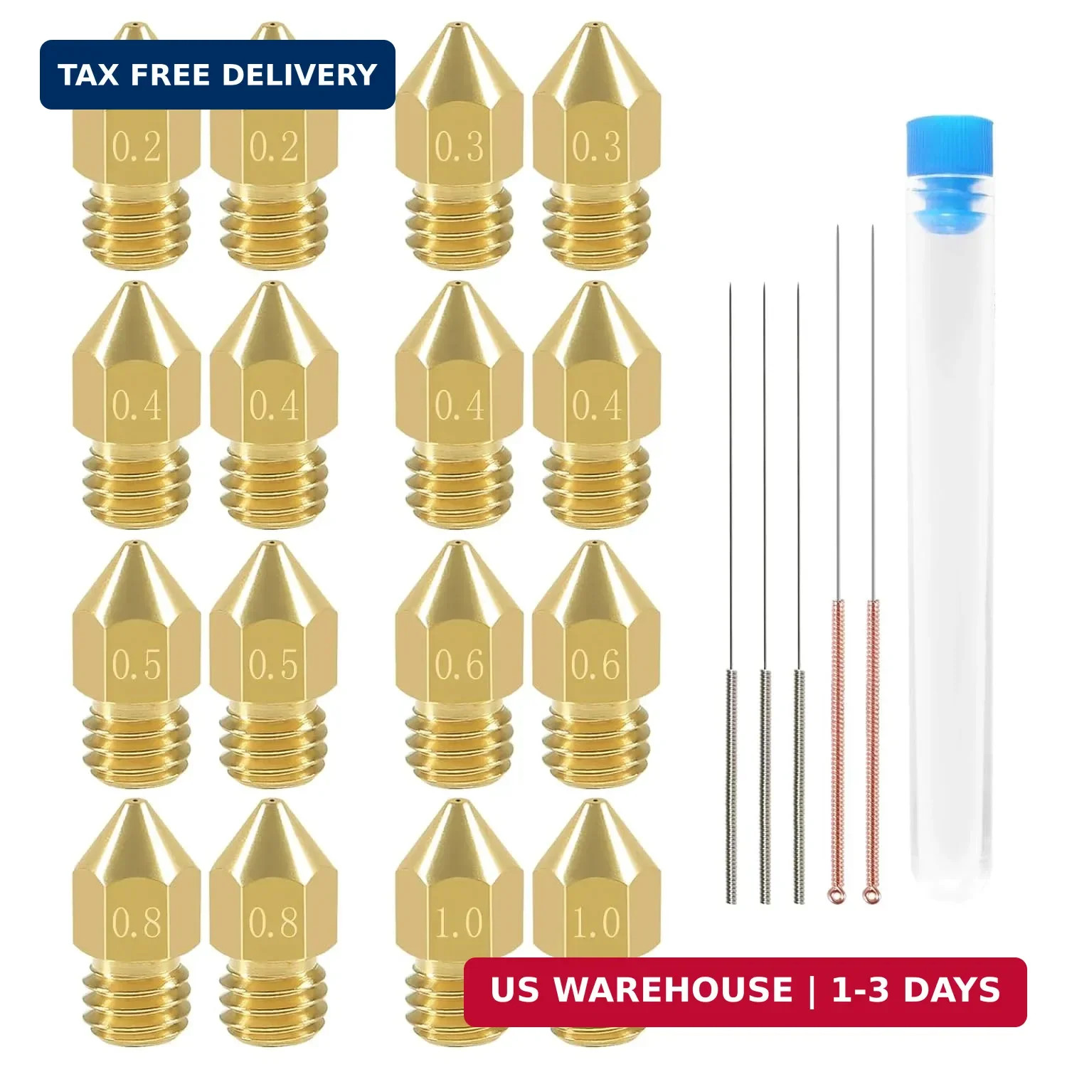 16 Pcs 3D Printer Nozzles MK8 Extruder Nozzles 0.2/0.3/0.4/0.5/0.6/0.8/1.0mm and
