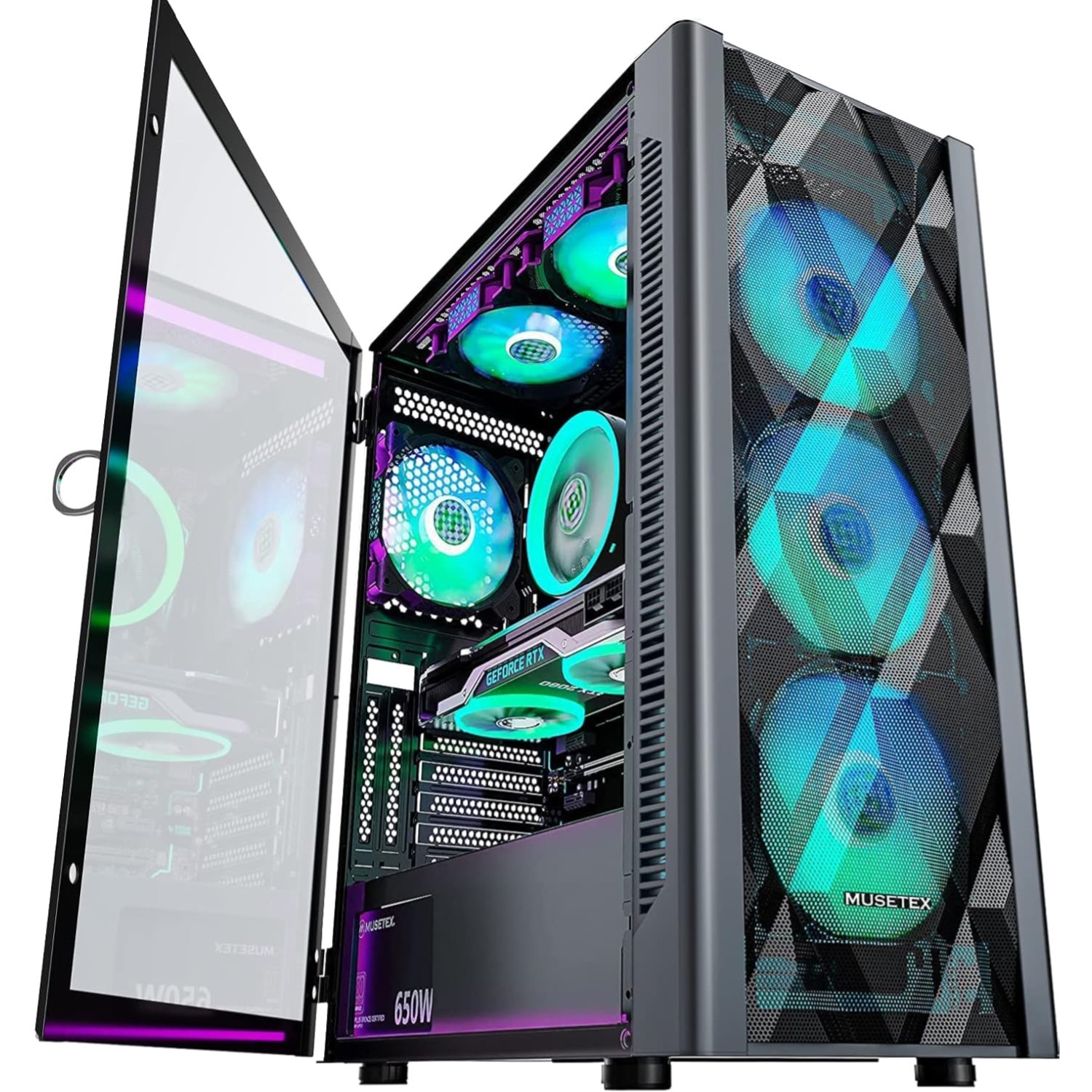 Gaming PC Case Metal Tempered Glass Side Panel ARGB Fans Mid Tower