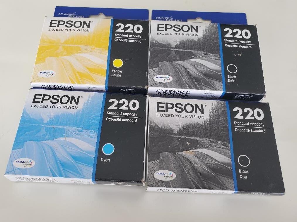 Set 4 Genuine FACTORY SEALED Epson 220 Blk Cyn Yel Inkjet Cartridges 2023 NO MAG
