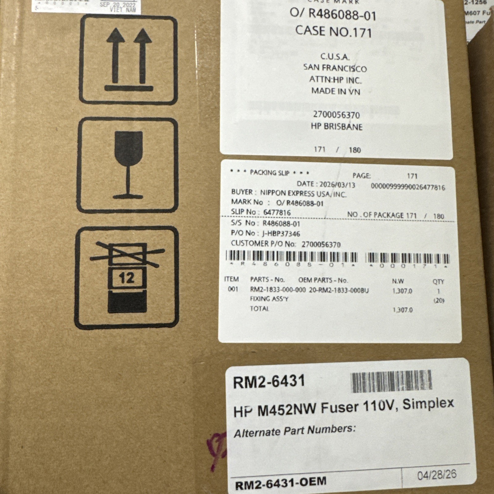 Genuine OEM M452/M377/M477/M479 Fuser New Sealed RM2-6431 *SIMPLEX*