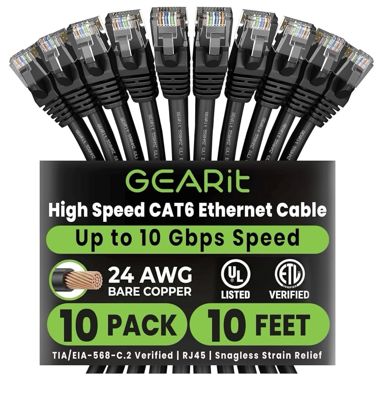 10-pack GearIT Cat 6 Ethernet cables, 10’ Black