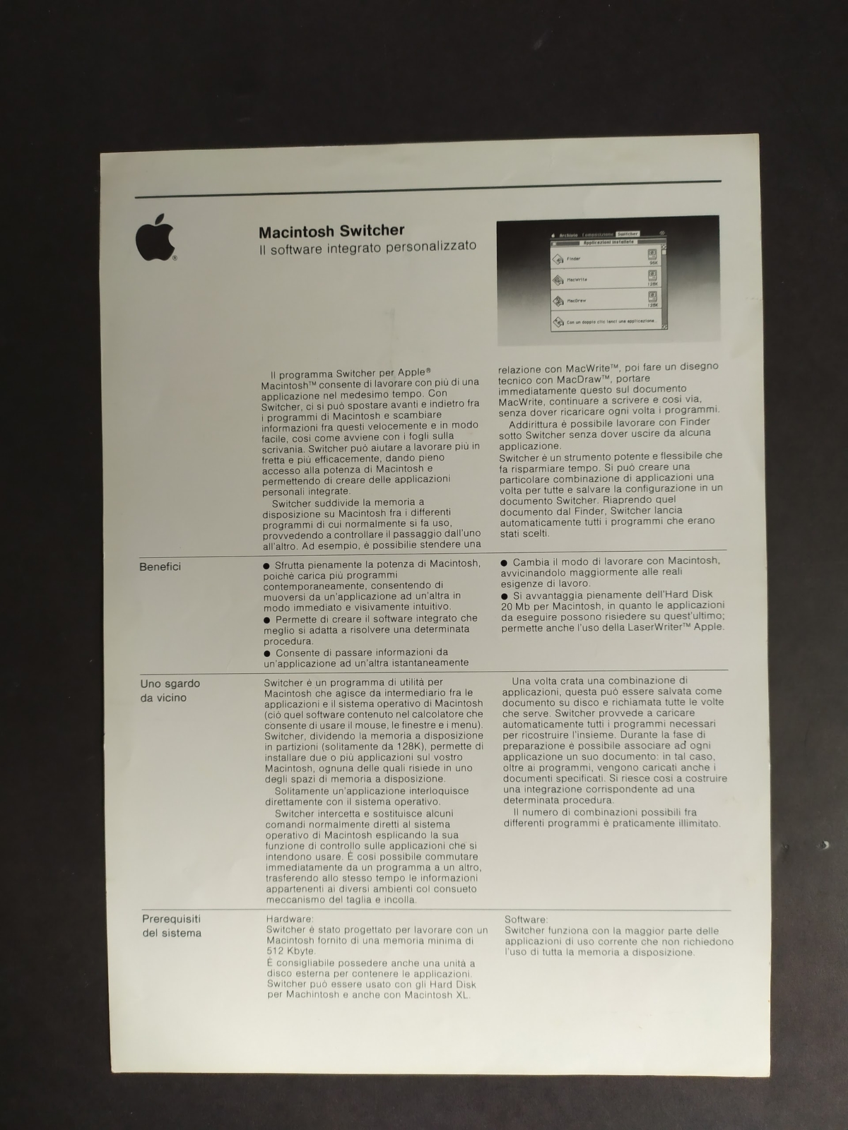 Apple "MACINTOSH SWITCHER" brochure, brochure (1985) Italian 